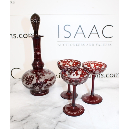 148 - Glass Decanter & Three Glasses 
Collection Only