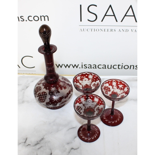 148 - Glass Decanter & Three Glasses 
Collection Only