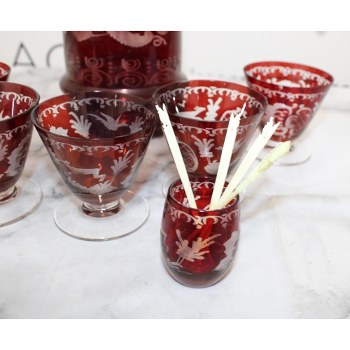 149 - Glass Decanter & Five Glasses With Food Stick Container
Chips On some Glasses -  Shown In Pictures

... 