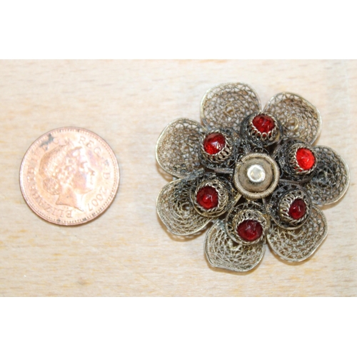 6 - Stamped Sterling Silver Red Stone Brooch