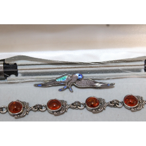 8 - Silver 925 Amber Bracelet 18cm & Hallmarked Silver Brooch
In A Box