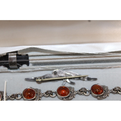 8 - Silver 925 Amber Bracelet 18cm & Hallmarked Silver Brooch
In A Box