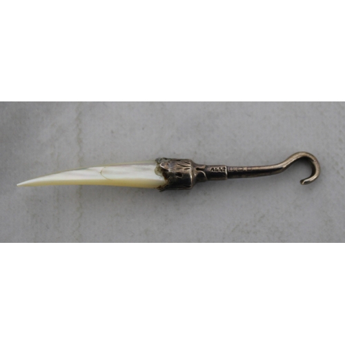 38 - Silver Hallmarked Mother Of Pearl Book Mark & Mother Of Pearl Hook (Damage To Hook  As Shown In Pict... 