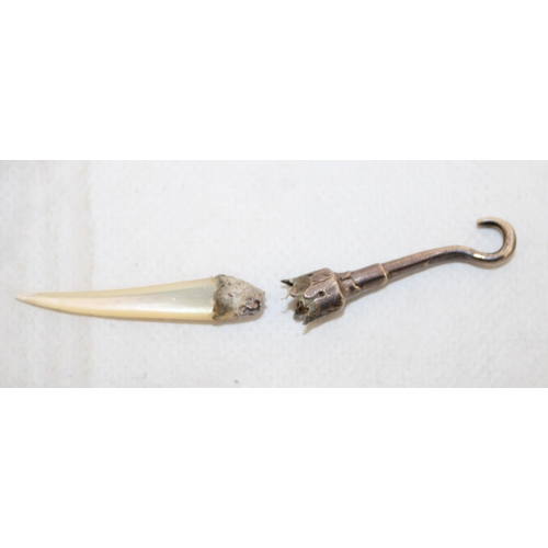 38 - Silver Hallmarked Mother Of Pearl Book Mark & Mother Of Pearl Hook (Damage To Hook  As Shown In Pict... 