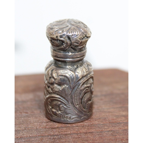 39 - Miniature Ornate Silver Hallmarked Hinged Lid Bottle with Glass Stopper Weight-12.64g