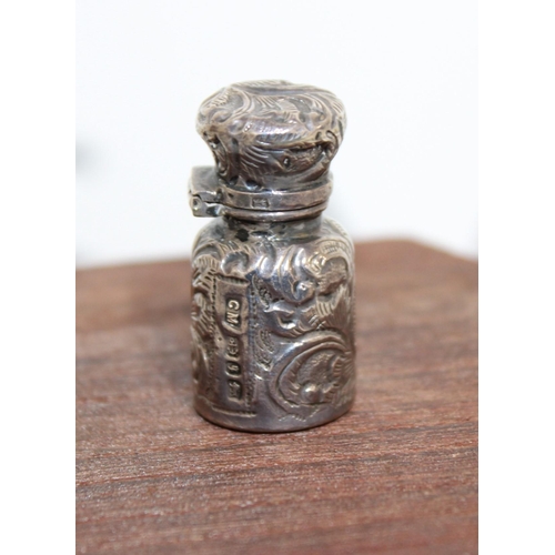 39 - Miniature Ornate Silver Hallmarked Hinged Lid Bottle with Glass Stopper Weight-12.64g