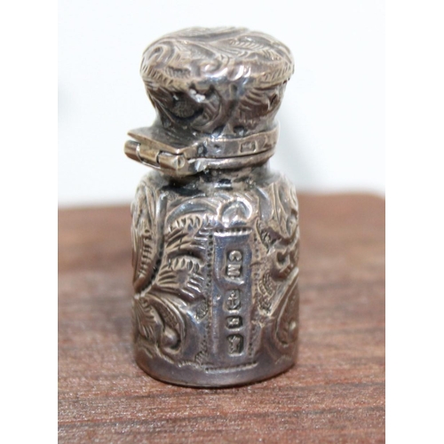 39 - Miniature Ornate Silver Hallmarked Hinged Lid Bottle with Glass Stopper Weight-12.64g