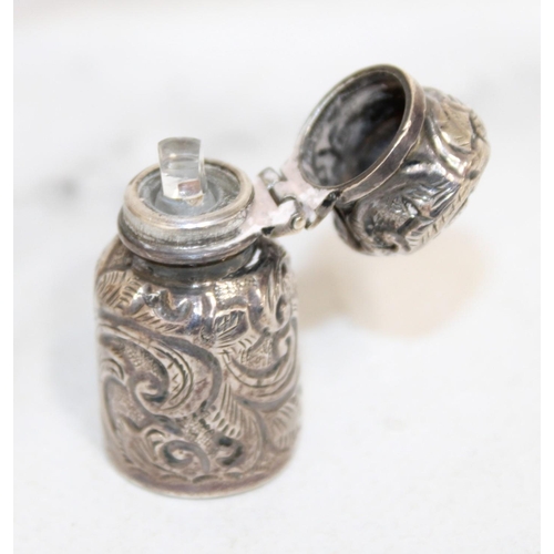 39 - Miniature Ornate Silver Hallmarked Hinged Lid Bottle with Glass Stopper Weight-12.64g