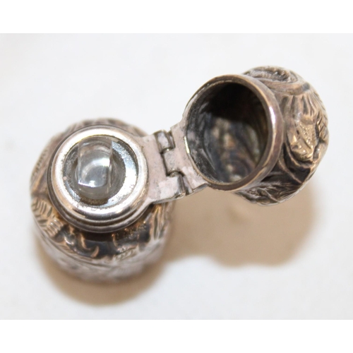 39 - Miniature Ornate Silver Hallmarked Hinged Lid Bottle with Glass Stopper Weight-12.64g