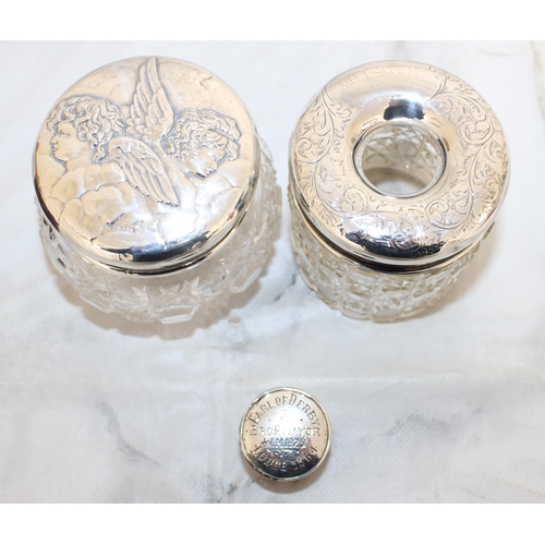 46 - Two Silver Hallmarked Topped Glass Jars & Silver Hallmarked Lid Total Weight Of Lids-49.14g
Tallest-... 