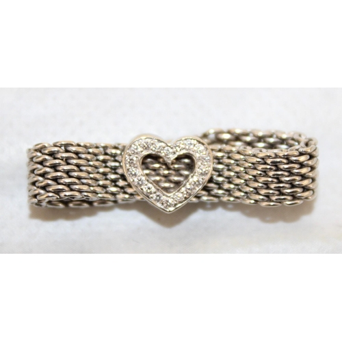 93 - Tiffany & Co Somerset Heart Mesh Ring 18ct White Gold With Diamonds Weight-7.61g
Size-W
In A Box