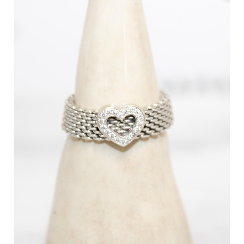 93 - Tiffany & Co Somerset Heart Mesh Ring 18ct White Gold With Diamonds Weight-7.61g
Size-W
In A Box