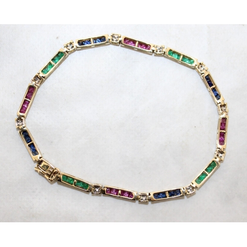 94 - 9k Gold KM Tennis Bracelet 20cm With Rubies, Emerald & Sapphires & Diamonds
In A Box
Weight-7.19g