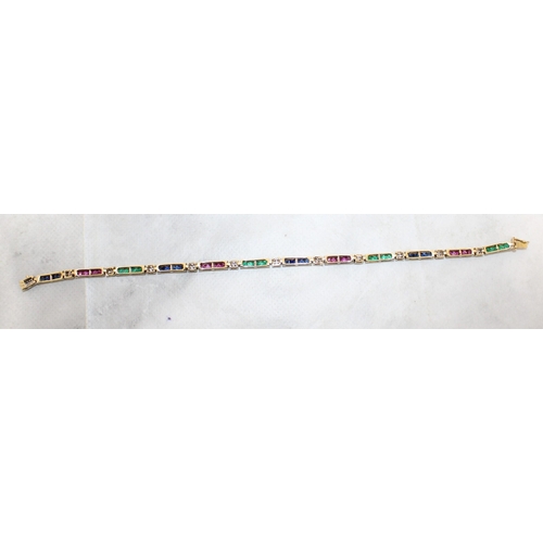 94 - 9k Gold KM Tennis Bracelet 20cm With Rubies, Emerald & Sapphires & Diamonds
In A Box
Weight-7.19g