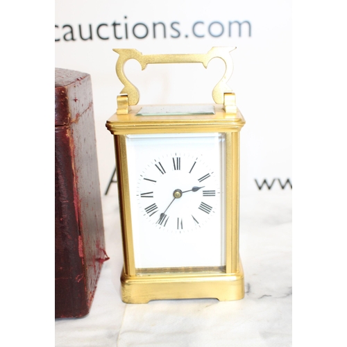 326 - Antique French SR Burnished Gilt Brass 5 Glass Carriage Clock and Leather Case - Untested.

Double K... 