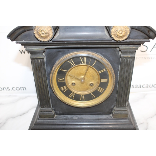 329 - Antique Slate Mantel Clock with Gilt Detail - Untested - Includes Key. Collection Only.