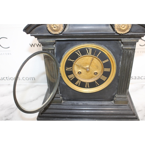 329 - Antique Slate Mantel Clock with Gilt Detail - Untested - Includes Key. Collection Only.