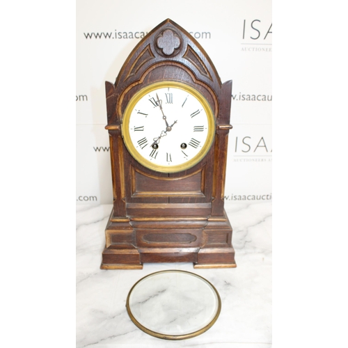 330 - Tall Antique Chiming Gothic Mantel Clock - Porcelain face and Roman Numerals. Includes Pendulum but ... 