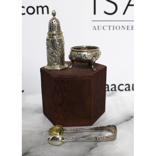 546 - Silver Hallmarked Items Inc- Small Sugar Caster Height-8cm/Salt Cellar/Small Sugar Tongs