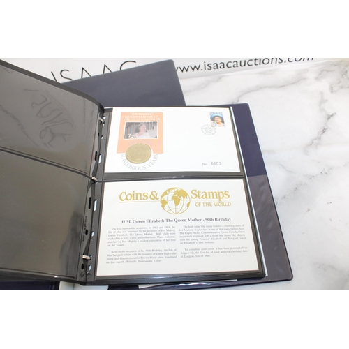 405 - Two Folders Containing H.M Queen Elizabeth The Queen Mother 80th Birthday Coins & Stamps & 175 Years... 