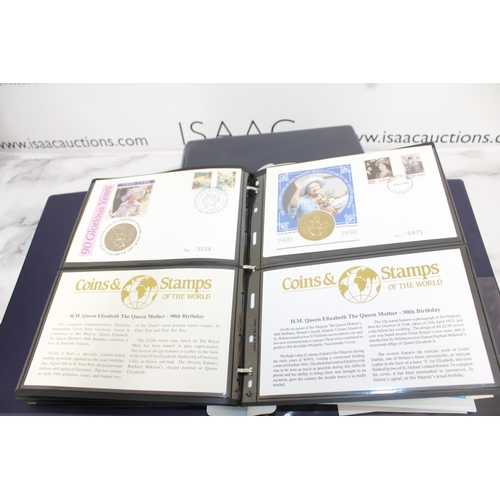 405 - Two Folders Containing H.M Queen Elizabeth The Queen Mother 80th Birthday Coins & Stamps & 175 Years... 