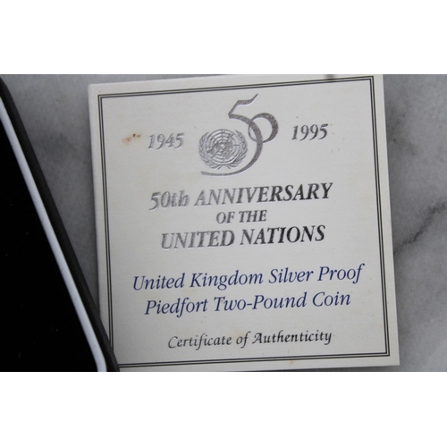 410 - Royal Mint 50th Anniversary Of United Nations UK Silver Proof Piedfort Two-Pound Coin Boxed