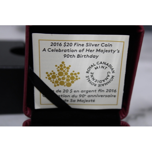 419 - Royal Canadian Mint 2016 $20 Fine Silver Coin A Celebration Of Her Majesty's 90th Birthday Boxed