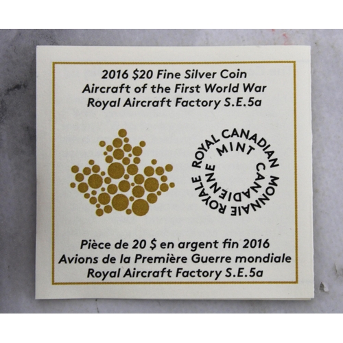 439 - Royal Canadian Mint 2016 $20 Fine Silver Coin Aircraft Of The First World War Royal Aircraft Factory... 