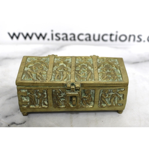 44 - Brass Box with Mixed Collectable Badges including Military and Red Cross.