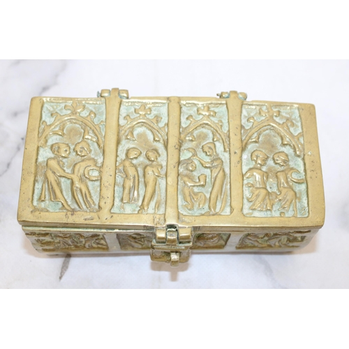 44 - Brass Box with Mixed Collectable Badges including Military and Red Cross.