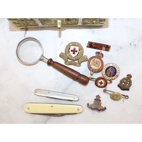 44 - Brass Box with Mixed Collectable Badges including Military and Red Cross.