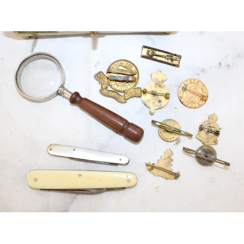 44 - Brass Box with Mixed Collectable Badges including Military and Red Cross.