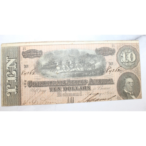 349 - Old Bank Note Ten Dollars Confederate States America Dated 1864