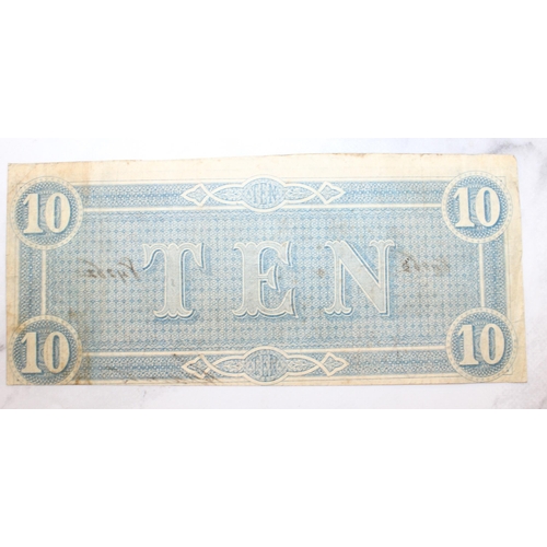 349 - Old Bank Note Ten Dollars Confederate States America Dated 1864