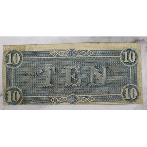 349 - Old Bank Note Ten Dollars Confederate States America Dated 1864