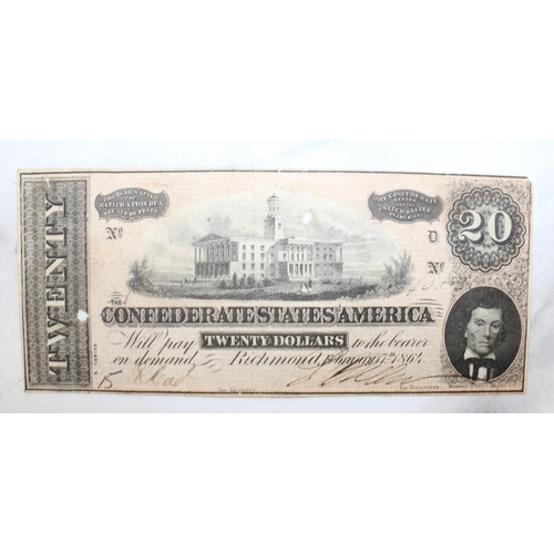 350 - Old Bank Note Twenty Dollars Confederate States America Dated 1864