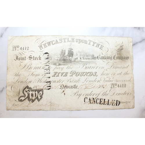 351 - Old Bank Note Five Pounds Newcastle Upon Tyne Dated 1838