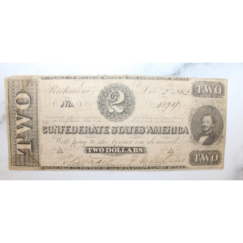 352 - Old Bank Note Two Dollars Confederate States America Dated 1862