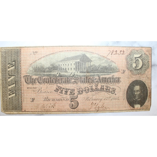 353 - Old Bank Note Five Dollars Confederate States America  Dated 1864