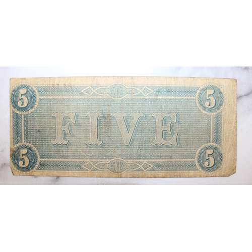 353 - Old Bank Note Five Dollars Confederate States America  Dated 1864