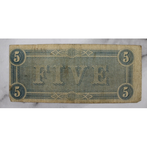 353 - Old Bank Note Five Dollars Confederate States America  Dated 1864