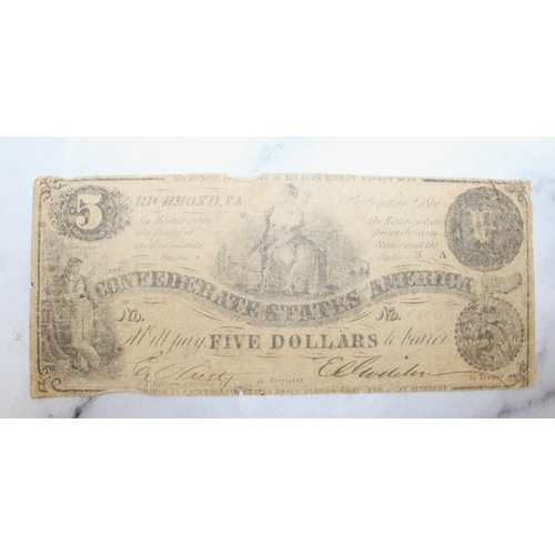 354 - Old Bank Note Confederate States America five Dollars Dated 1861