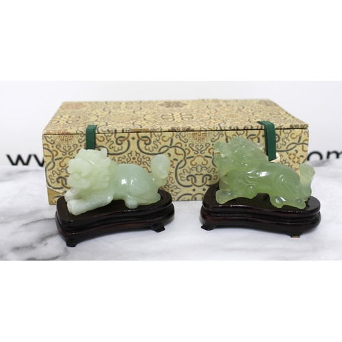 12 - Two Jade Fu Dogs On Stands Boxed
Including Stand Length 8cm