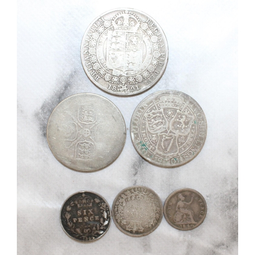 367 - Six Queen Victorian Coins - Half Crown , Six Pences etc