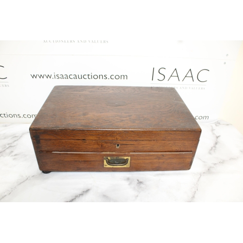 595 - Wooden Case Canteen with Mixed Cutlery Items
Foot missing off case