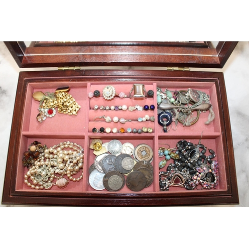 447 - Wooden Jewellery Box Containing Jewellery Etc Items