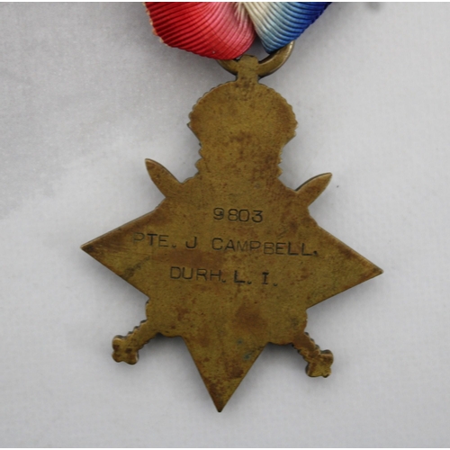 312 - WWI 1914-15 Star Medal Awarded to 9803 PTE J CAMPBELL DURH L I