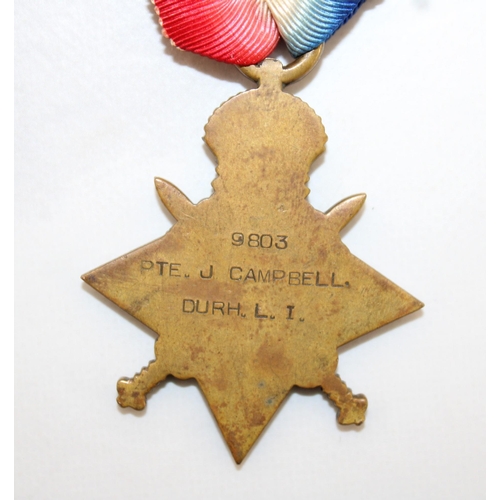 312 - WWI 1914-15 Star Medal Awarded to 9803 PTE J CAMPBELL DURH L I