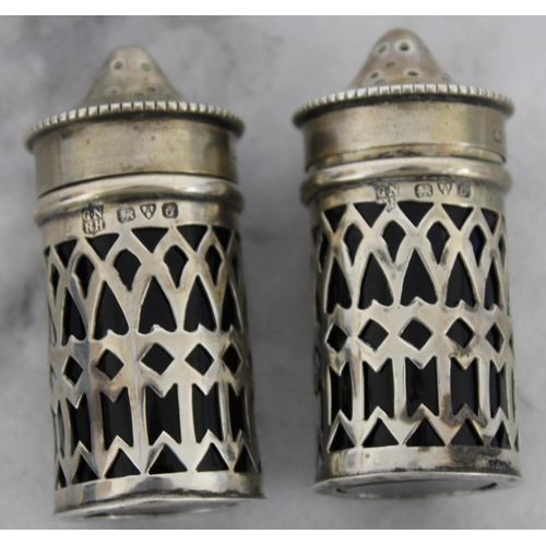 459 - Silver Hallmarked Pair of Pepper Shakers with Blue Glass Inserts