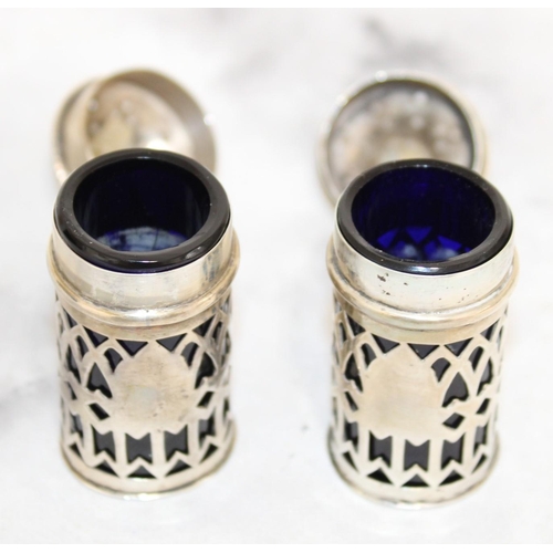 459 - Silver Hallmarked Pair of Pepper Shakers with Blue Glass Inserts